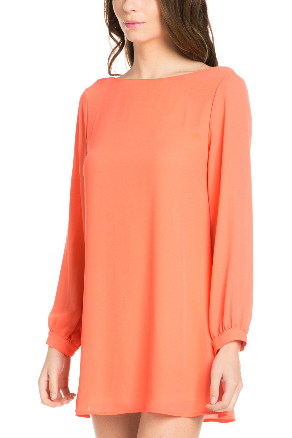 Copy of Wind Blows Long Sleeve Open Back Chiffon Shift Dress in Coral
