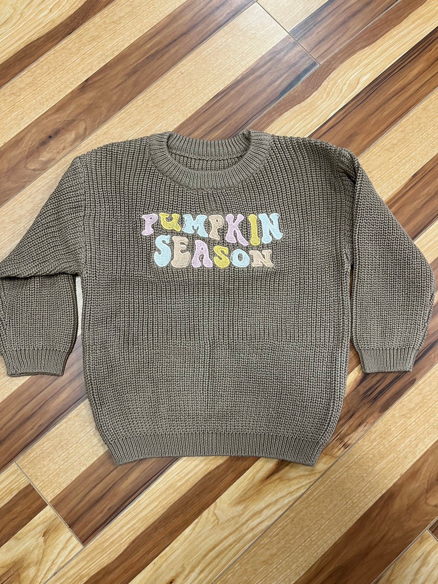 Embroidered Pumpkin Season Sweater: Khaki Color
