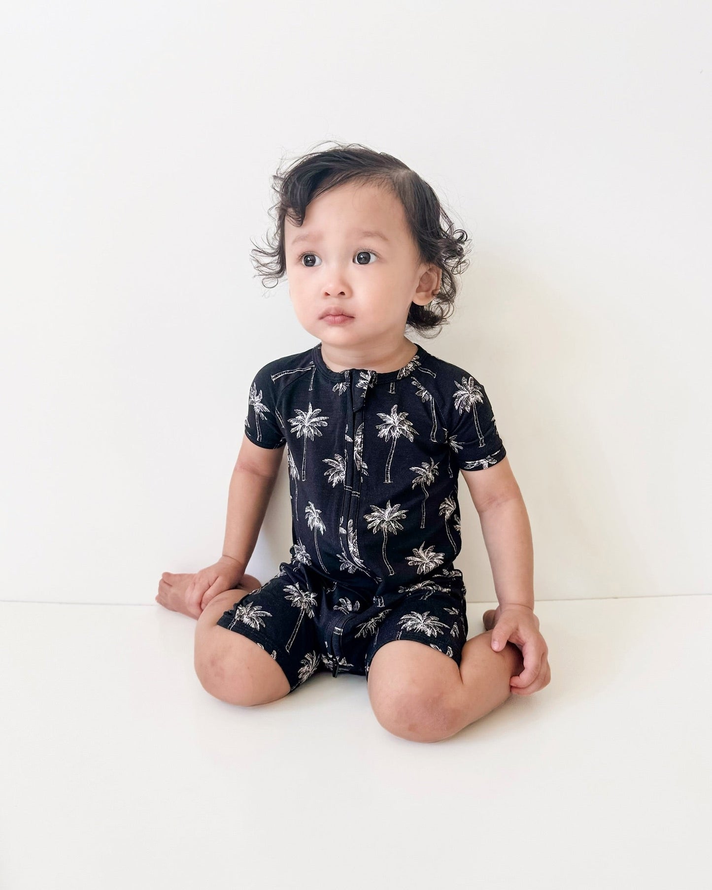 Bamboo Shorty Romper | Palm Style Black