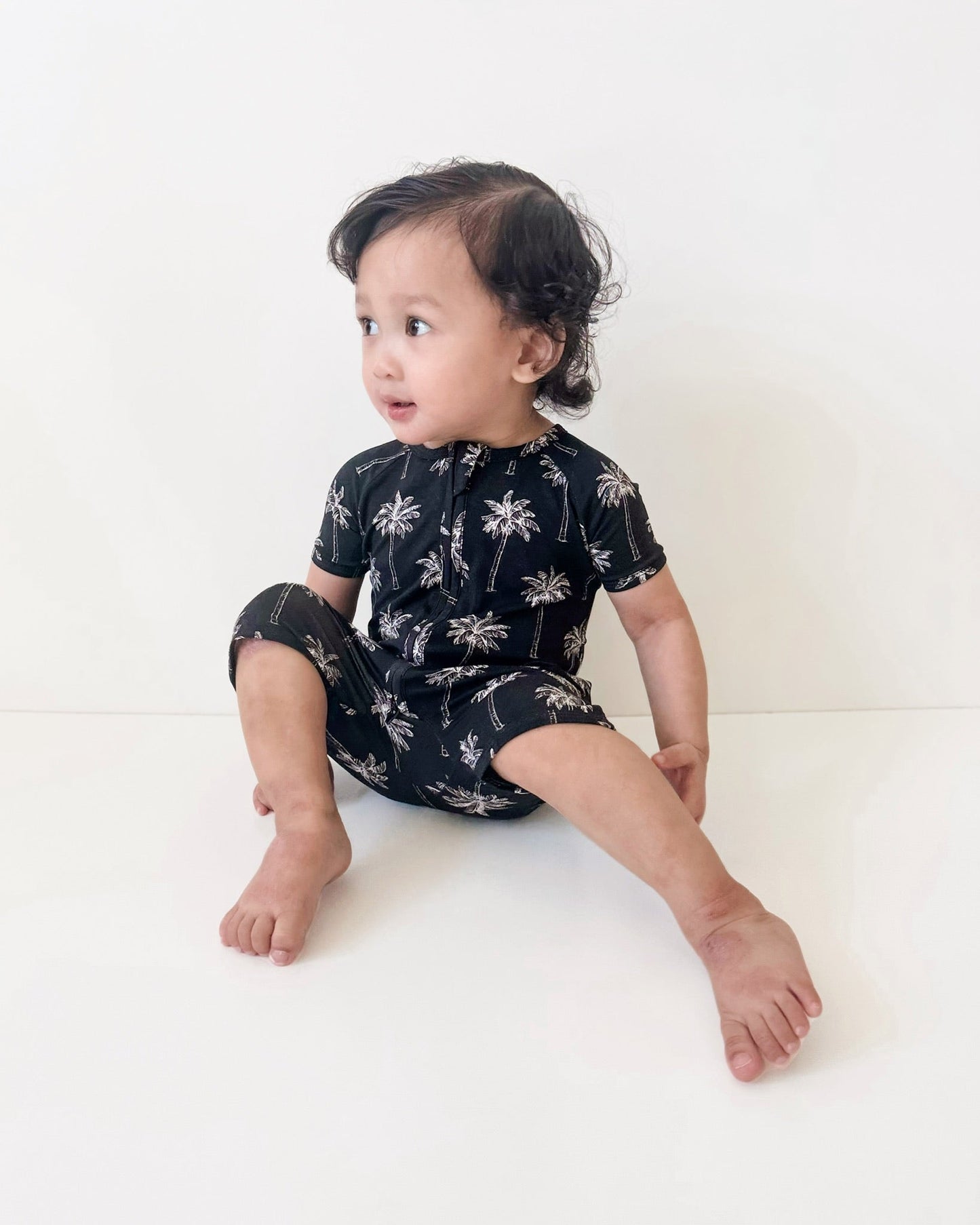 Bamboo Shorty Romper | Palm Style Black