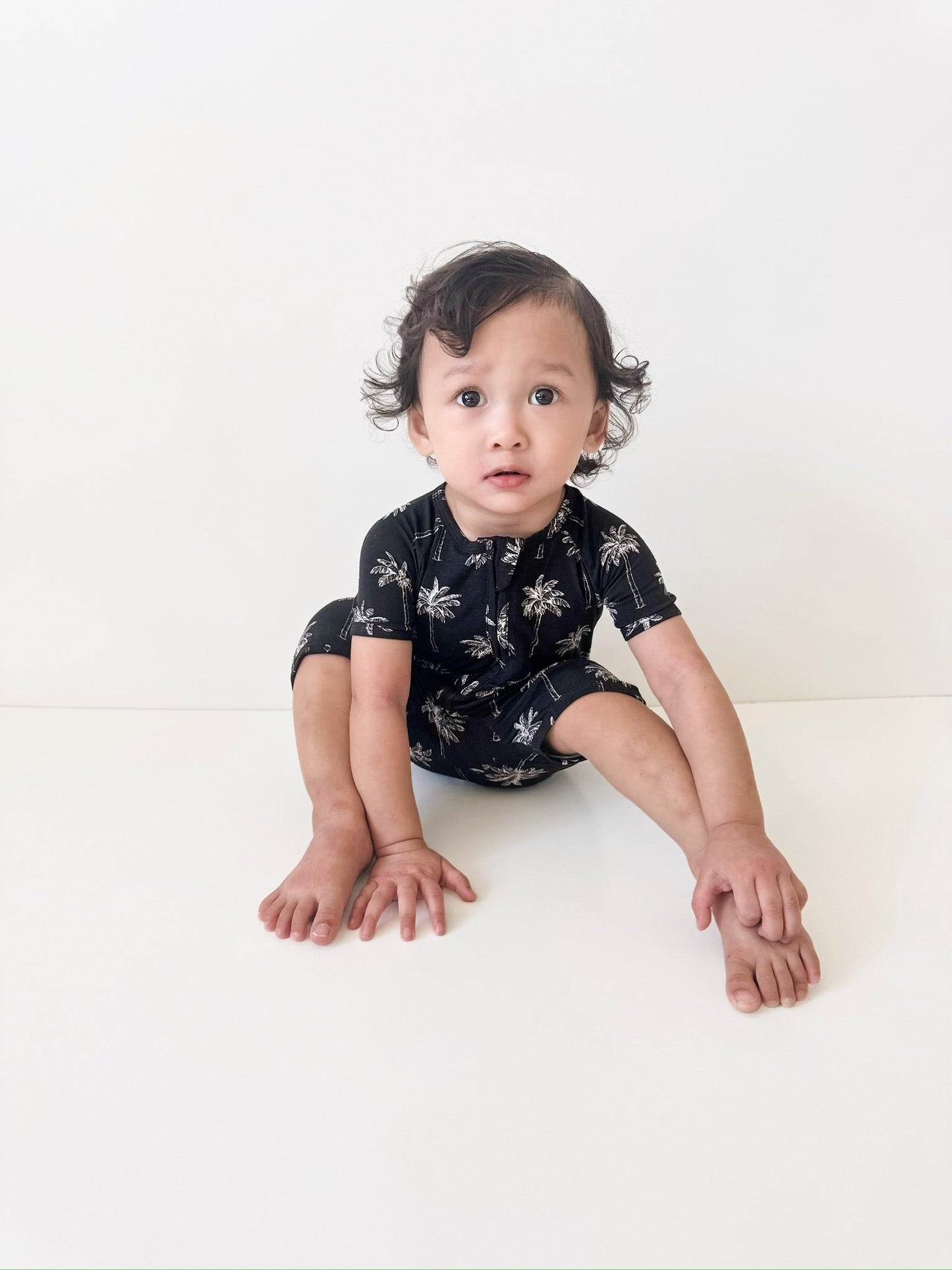 Bamboo Shorty Romper | Palm Style Black