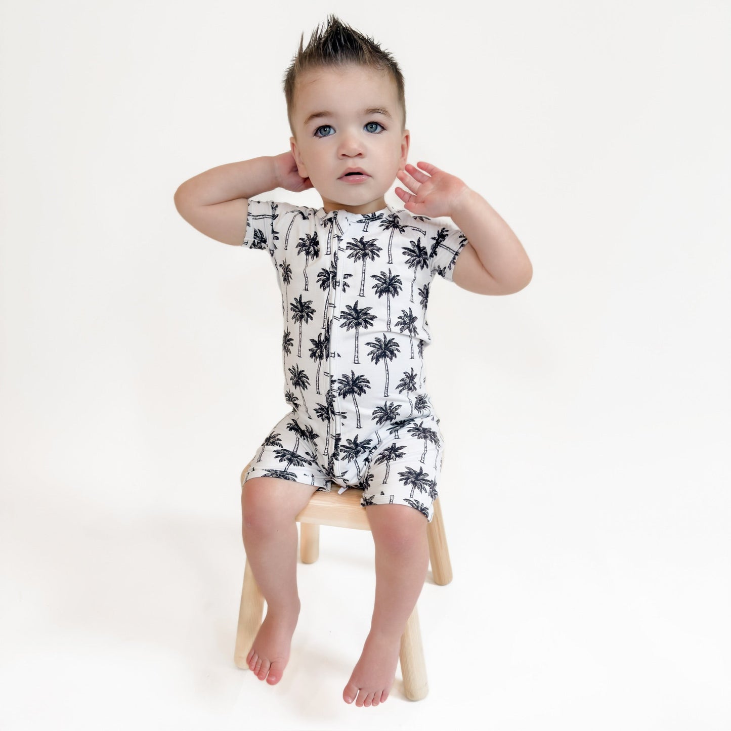 Bamboo Shorty Romper | Palm Style White