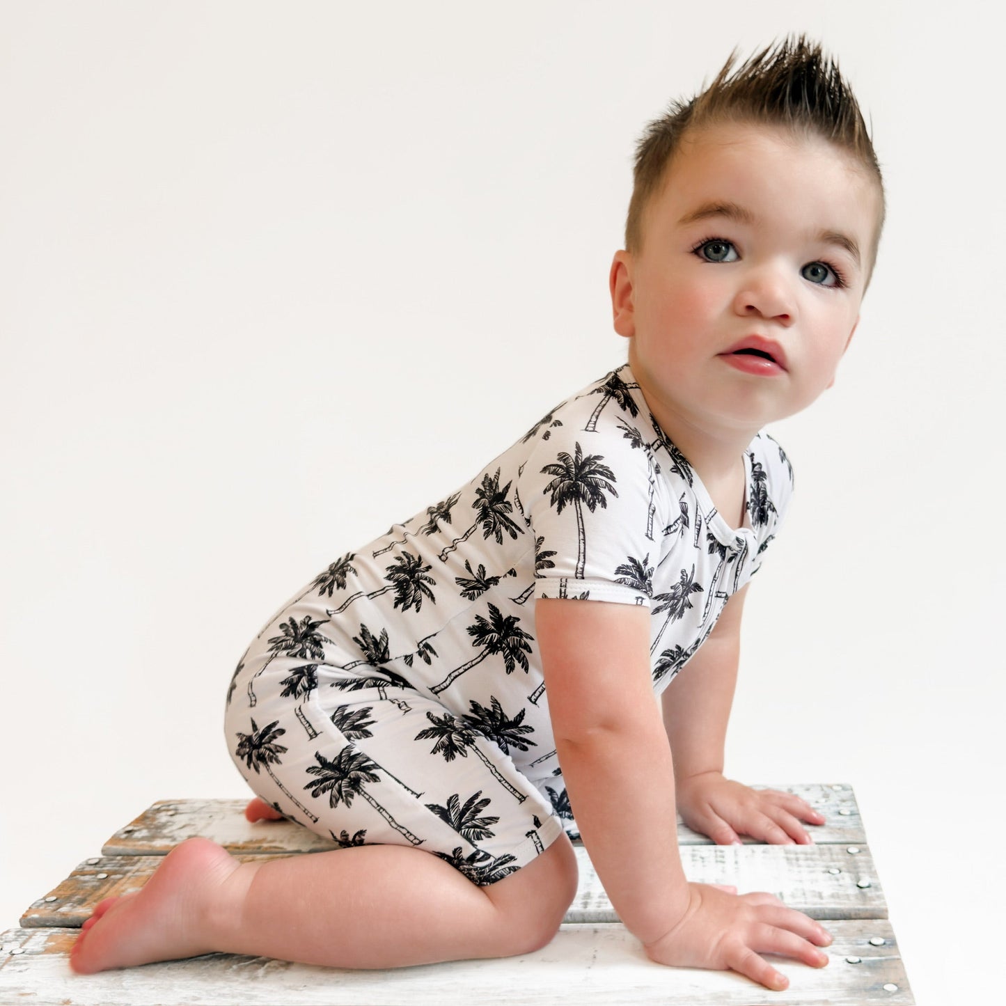 Bamboo Shorty Romper | Palm Style White
