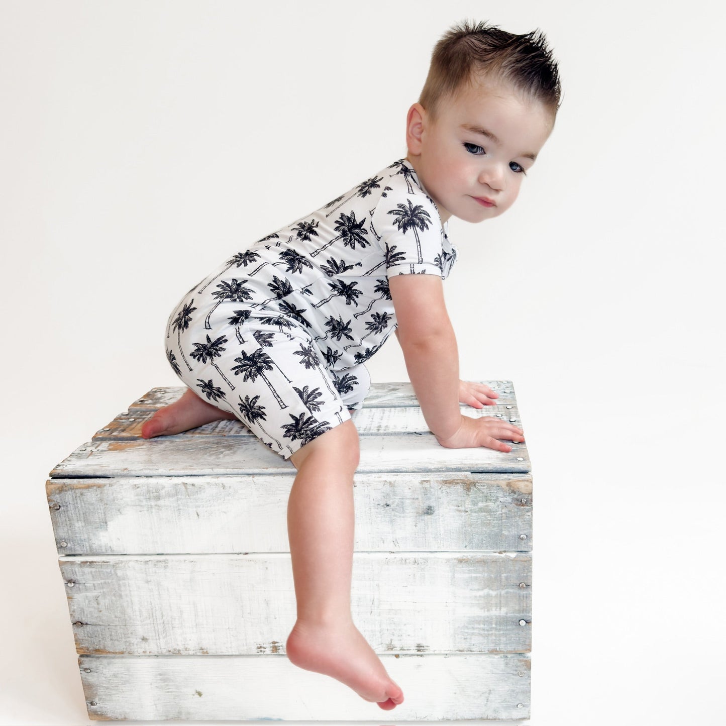 Bamboo Shorty Romper | Palm Style White