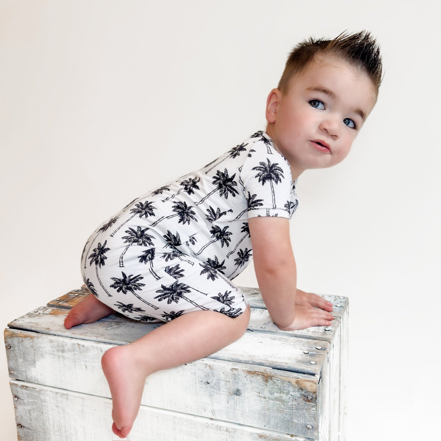 Bamboo Shorty Romper | Palm Style White