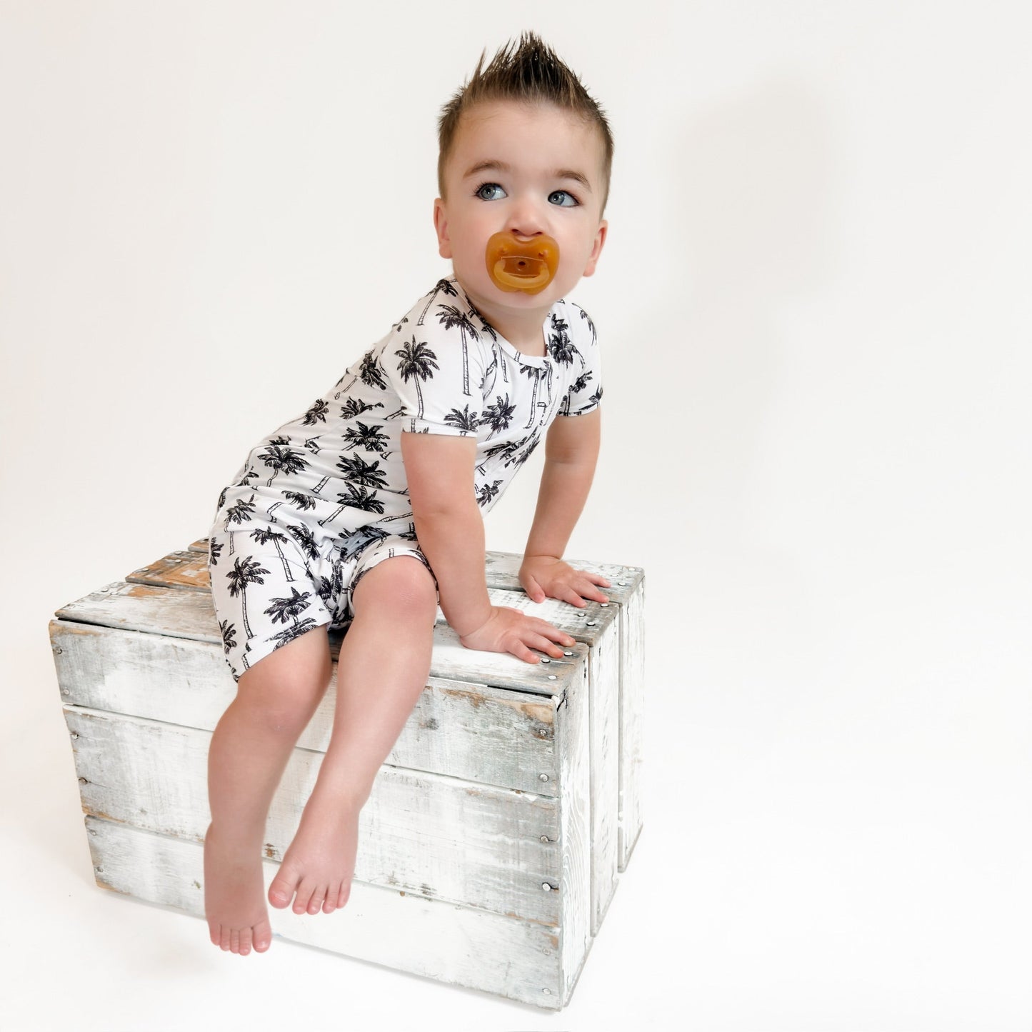 Bamboo Shorty Romper | Palm Style White