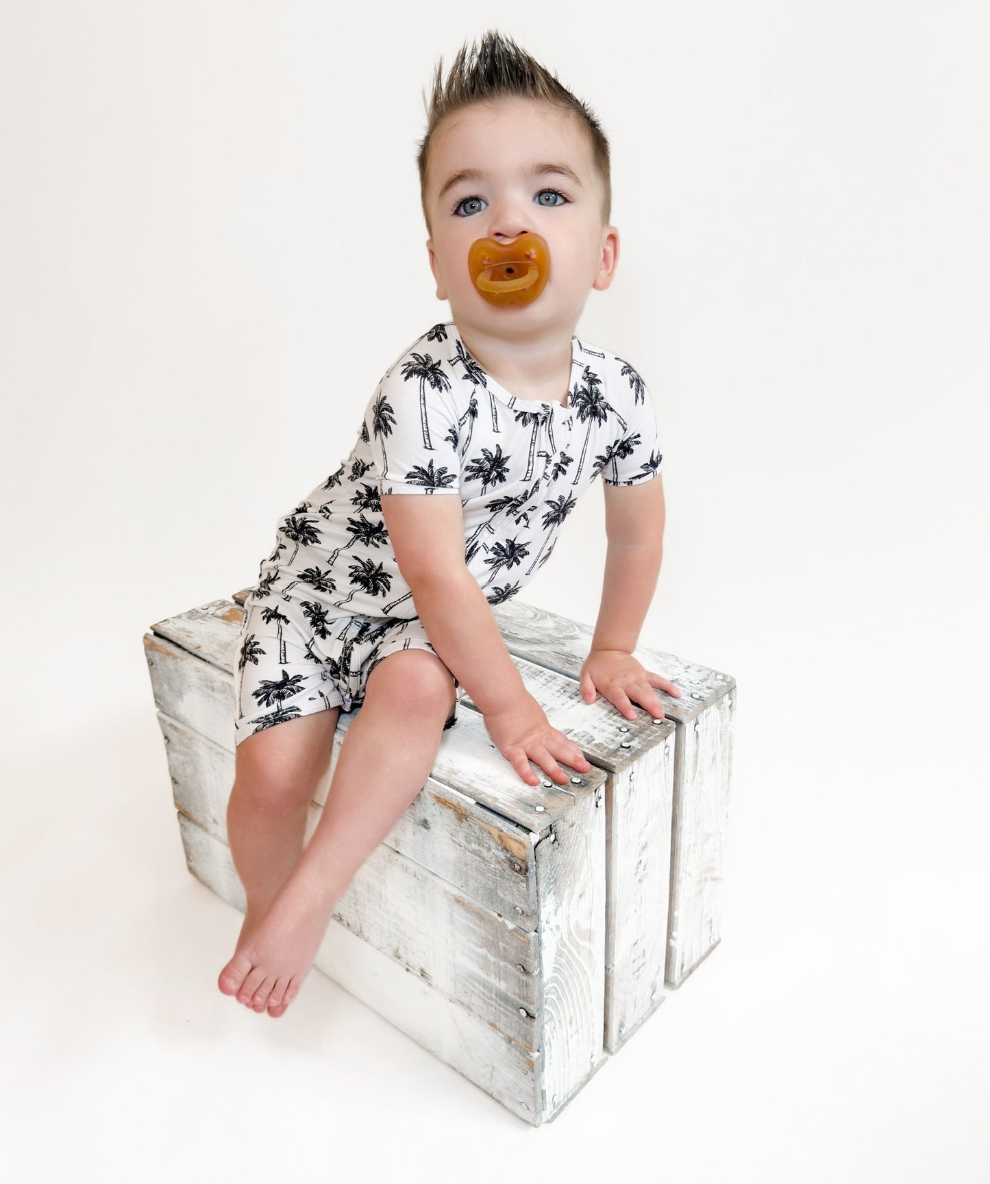 Bamboo Shorty Romper | Palm Style White