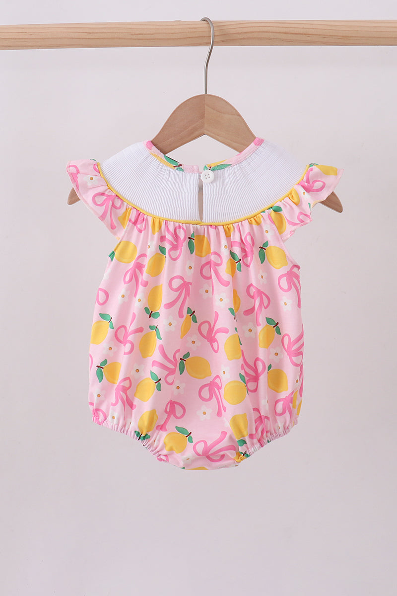 Pink Lemon Smocked Bow Print Bubble Romper