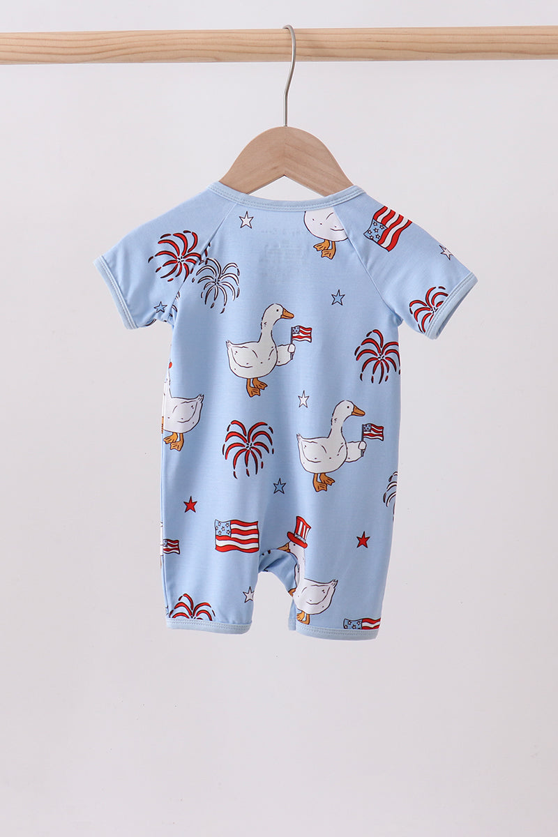 Blue Patriotic Goose Flag Print Bamboo Short Romper