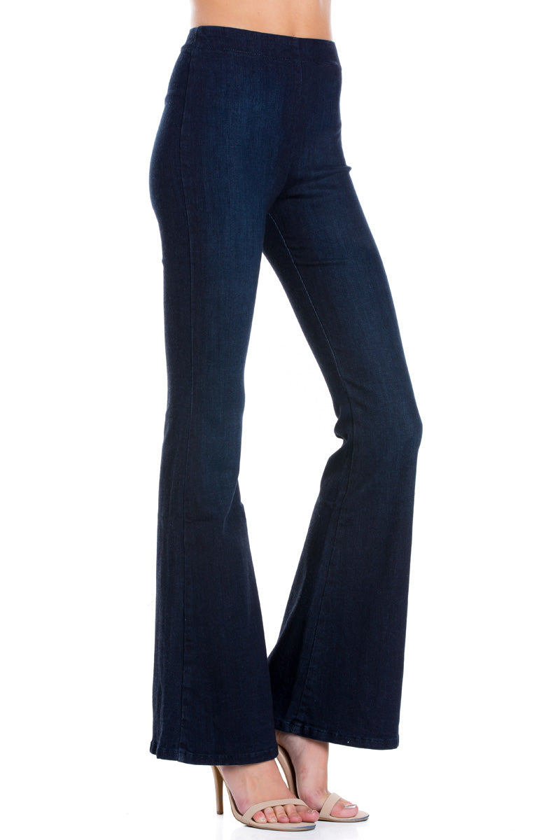 Pull Me Closer High Rise Zip Back Flare Denim Jeans Dark Wash