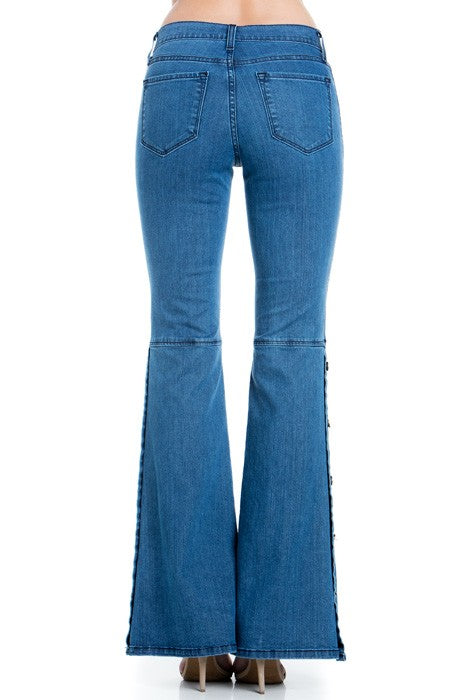 Side Leg Button Down Flare Denim Jeans