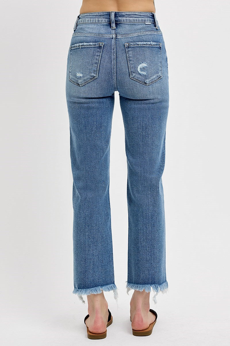 Risen: HIGH RISE CROP STRAIGHT FRAYED HEM JEANS