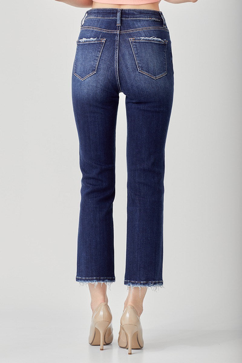 Risen: HIGH RISE CROP STRAIGHT JEANS- DARK WASH