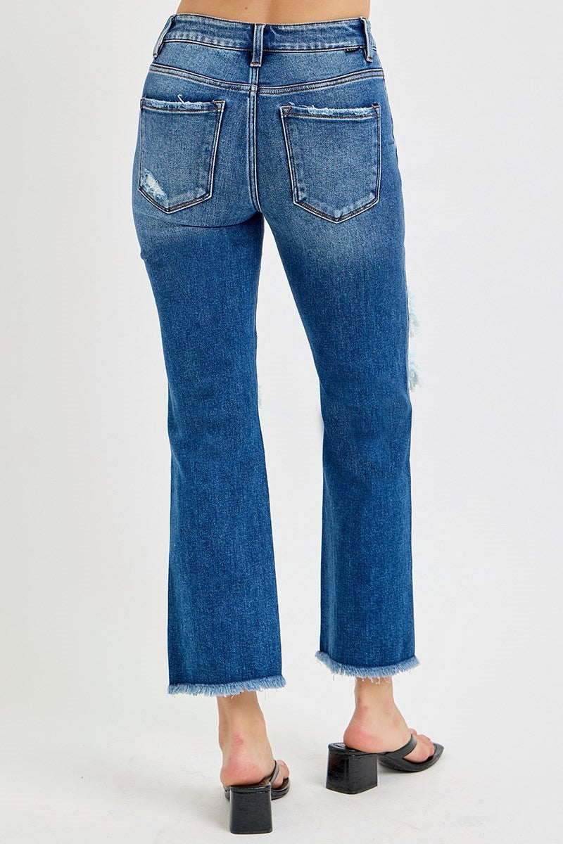 Risen: MID RISE CROP DISTRESSED FLARE JEANS