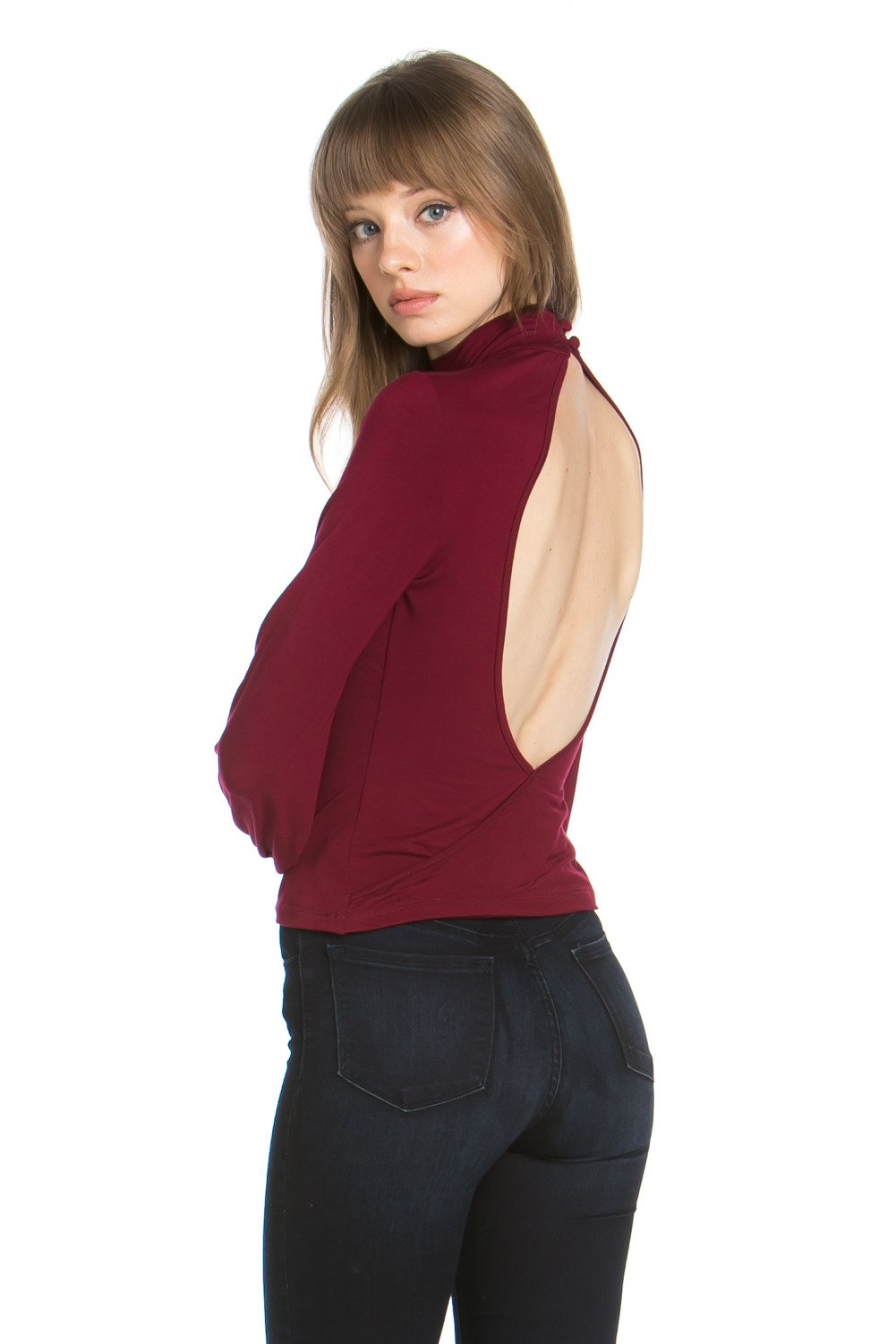 Open Back Puff Sleeve Mock Neck Top