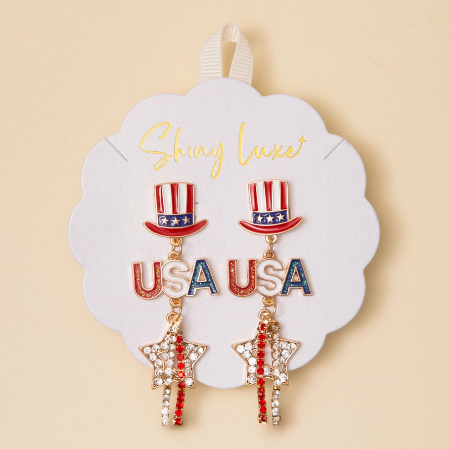 USA Flag Rhinestone Pavé Enamel Hat and Star Earrings