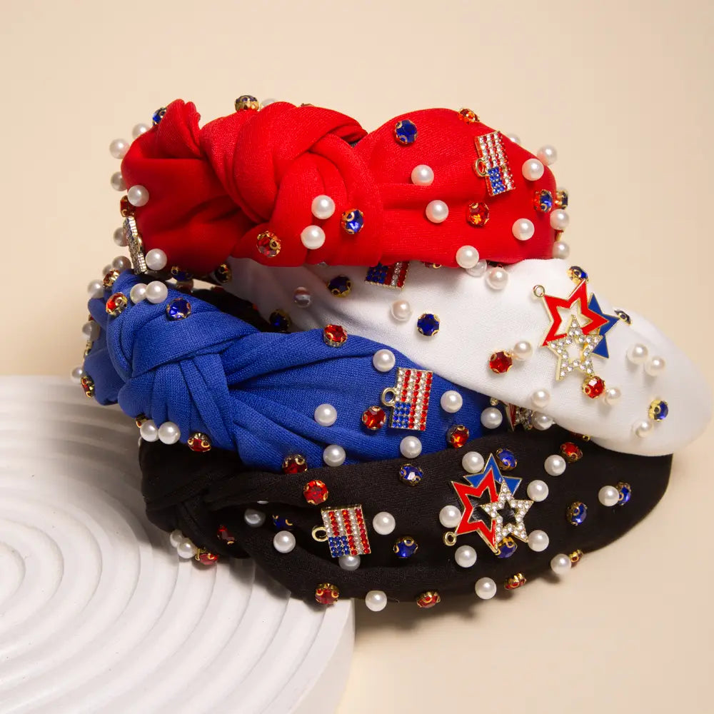 American Flag Rhinestone Pave Charm Crystal Pearl Headband-RED