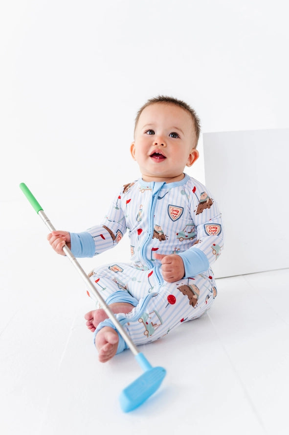 Kiki + Lulu: Blue Caddy Golf Print Bamboo Zippy Romper
