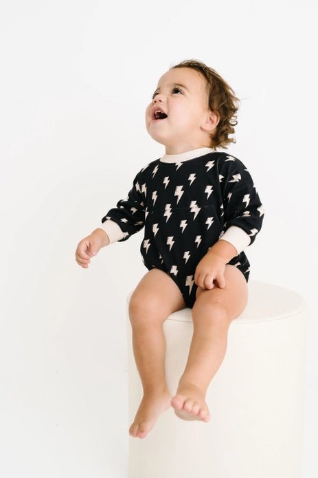 Little One Shop: Bolts on Black Sweatshirt Romper