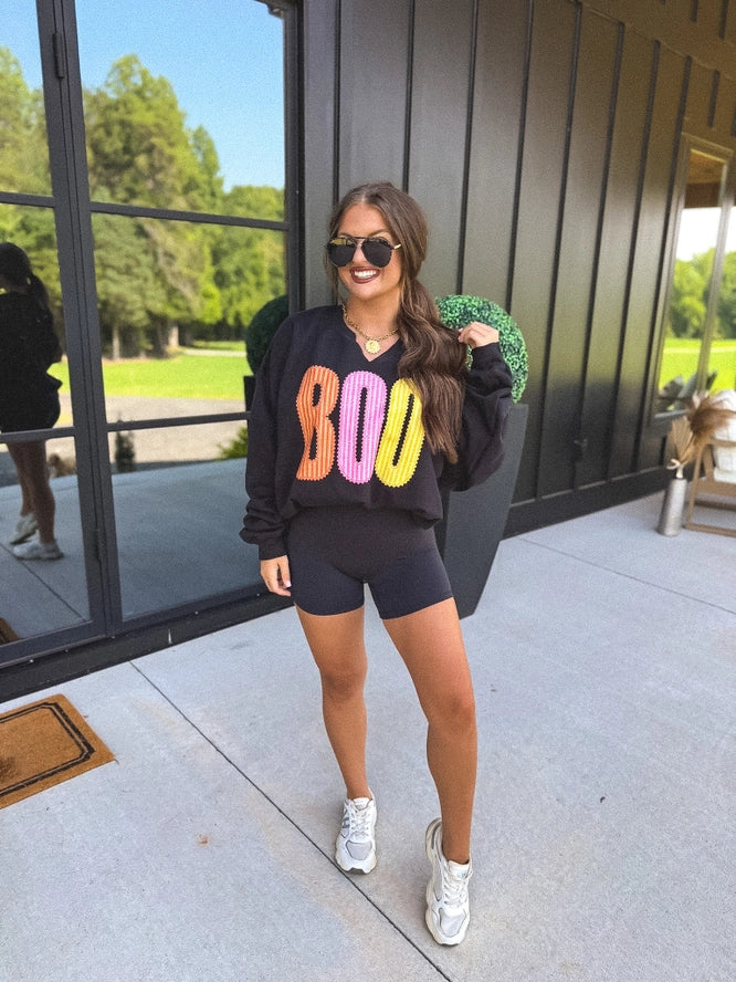 BOO Striped Split Neck Crewneck