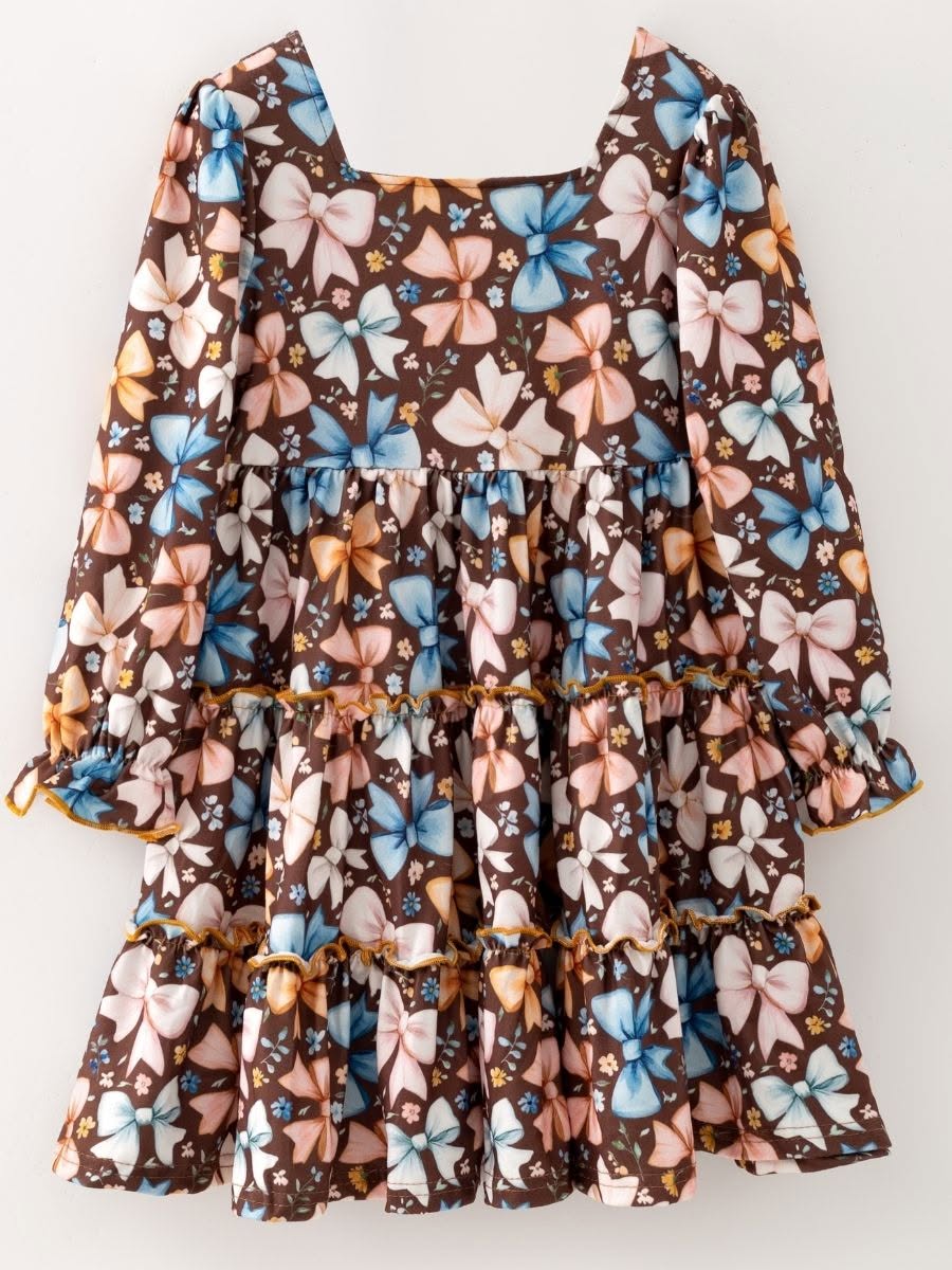 Girls Bow Print Ruffle Dress