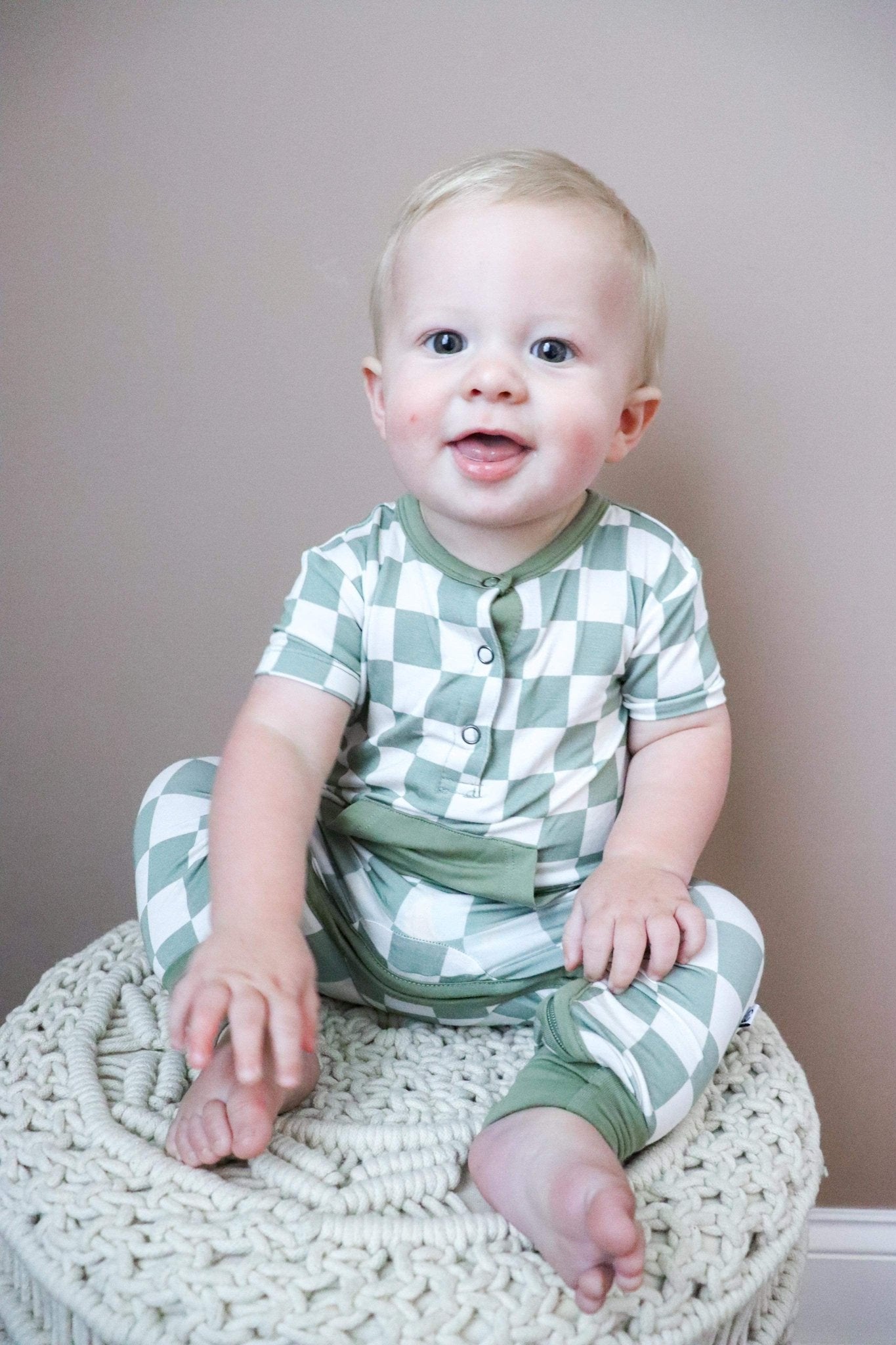 Checkered Short Sleeve Romper- Sage