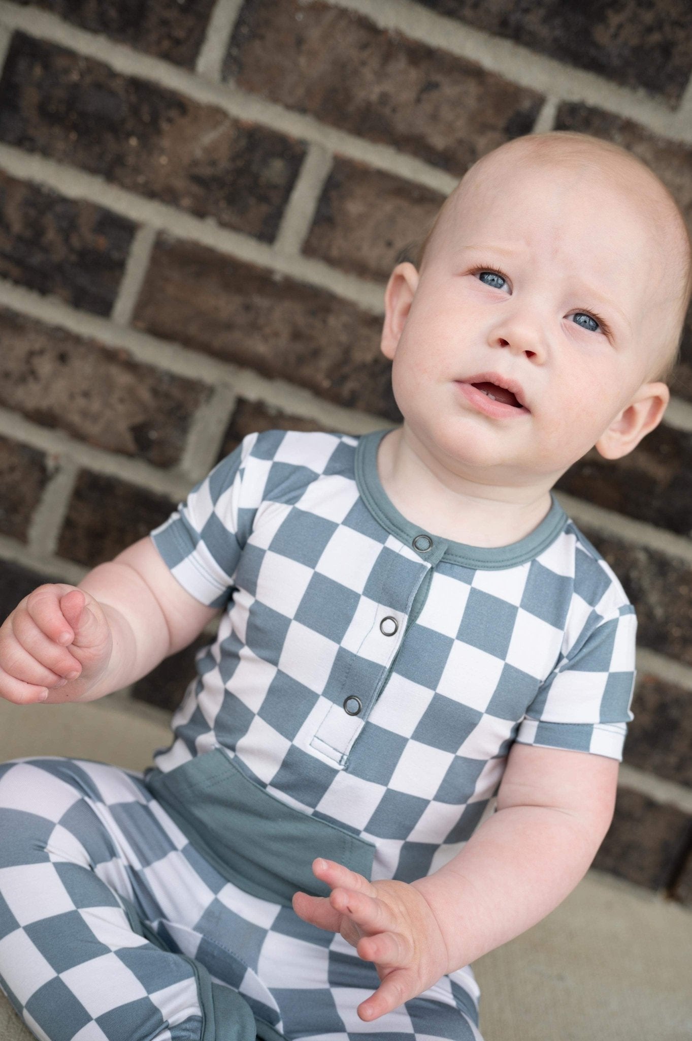 Checkered Short Sleeve Romper- Sea Blue