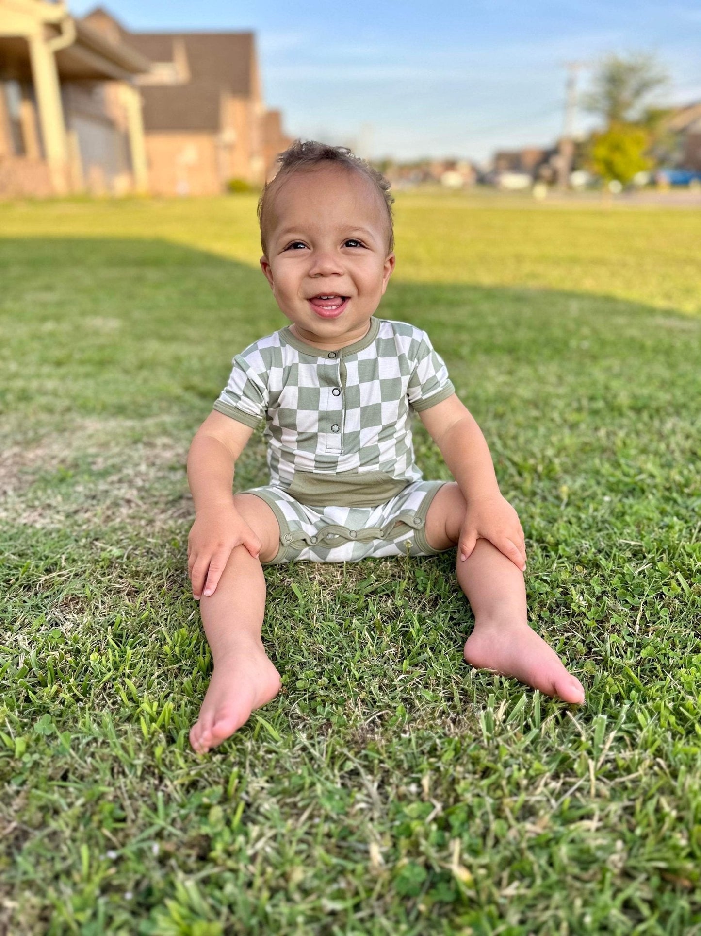 Checkered Shorty Romper - Sage