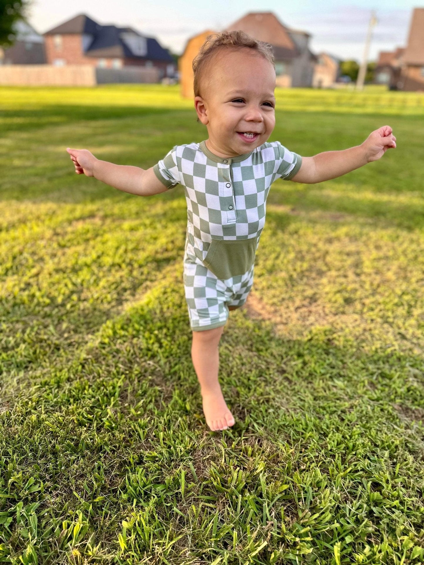 Checkered Shorty Romper - Sage