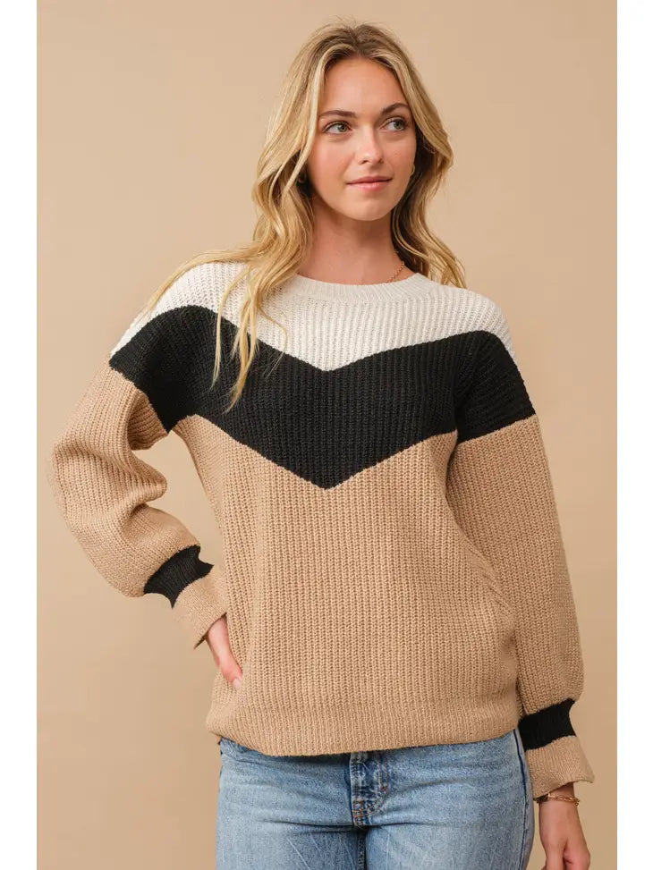 ALL SIZES-Chevron Colorblock Ribbed Knit Sweater w/cuff detail
