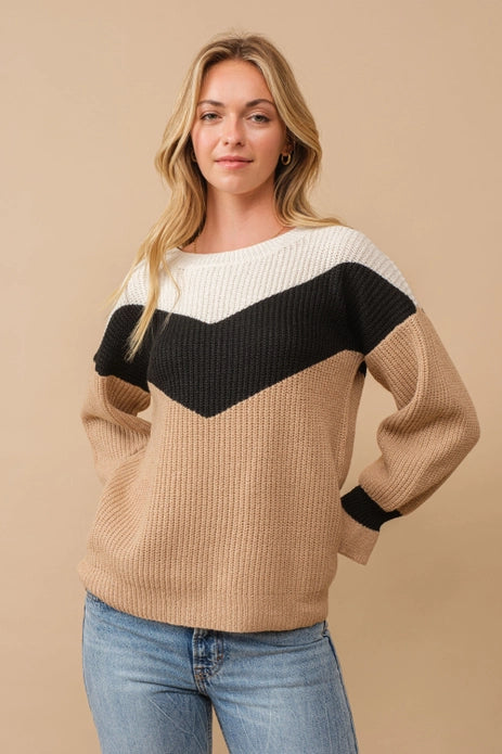 ALL SIZES-Chevron Colorblock Ribbed Knit Sweater w/cuff detail