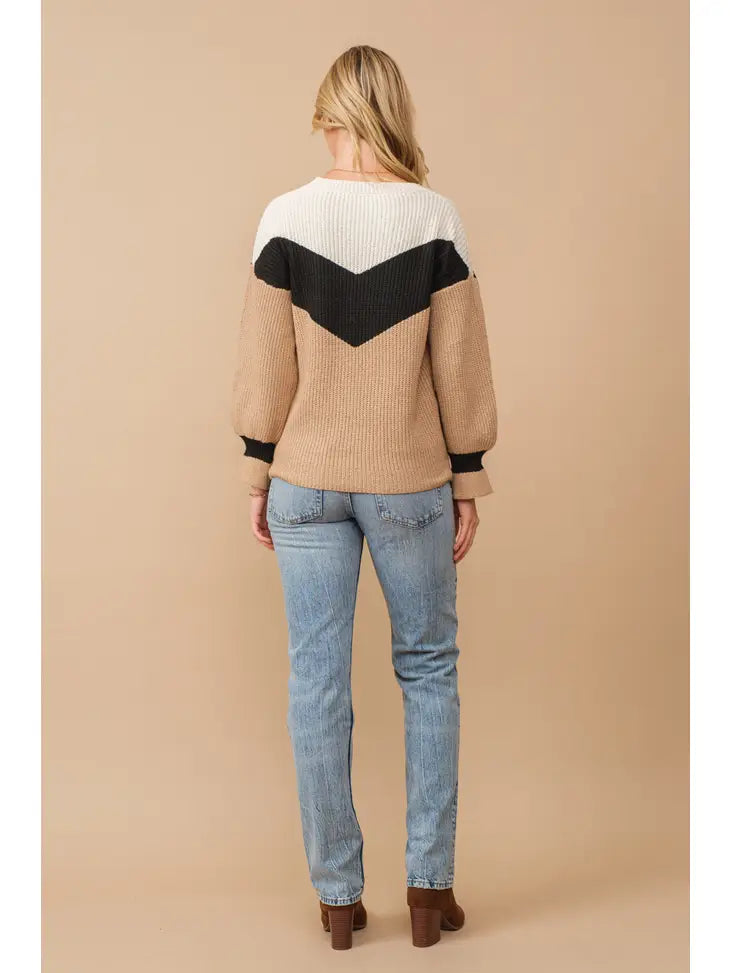 ALL SIZES-Chevron Colorblock Ribbed Knit Sweater w/cuff detail