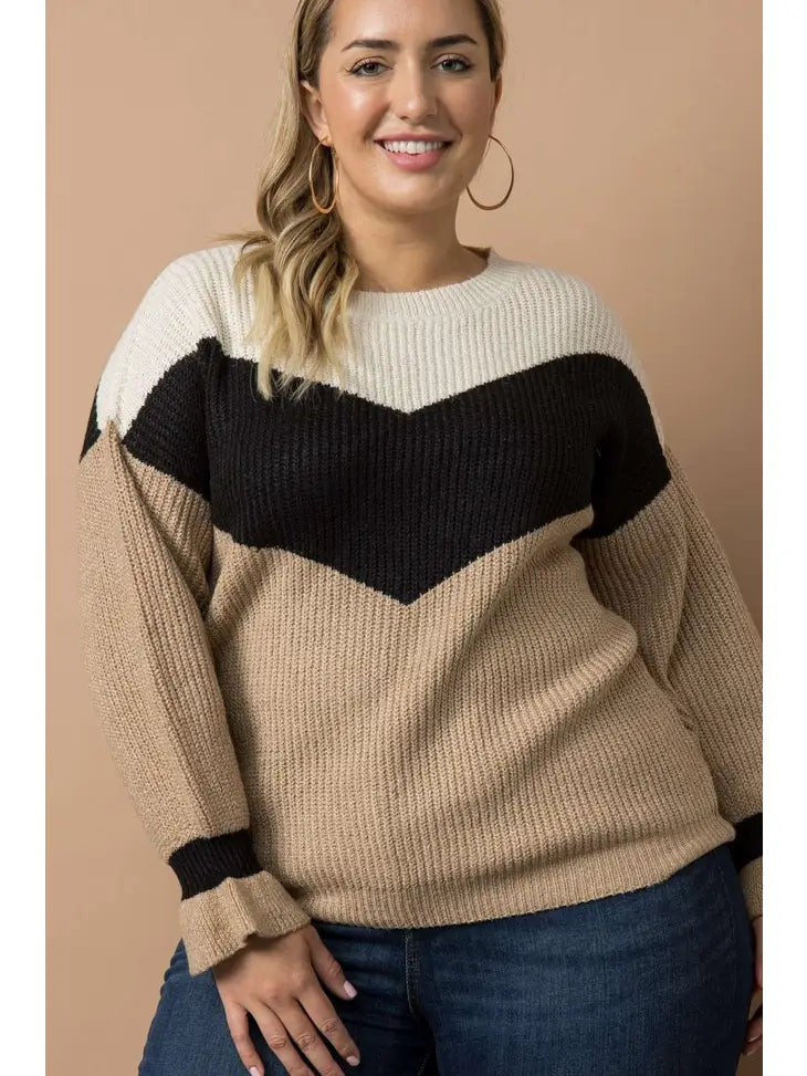 ALL SIZES-Chevron Colorblock Ribbed Knit Sweater w/cuff detail