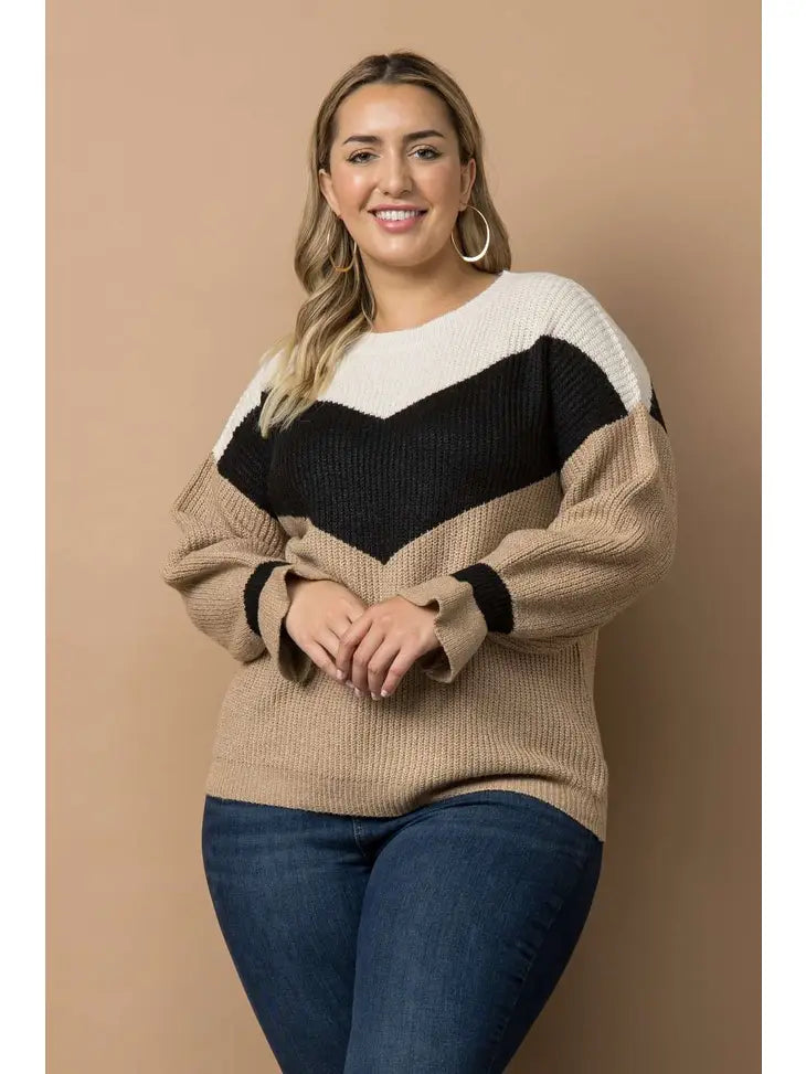 ALL SIZES-Chevron Colorblock Ribbed Knit Sweater w/cuff detail
