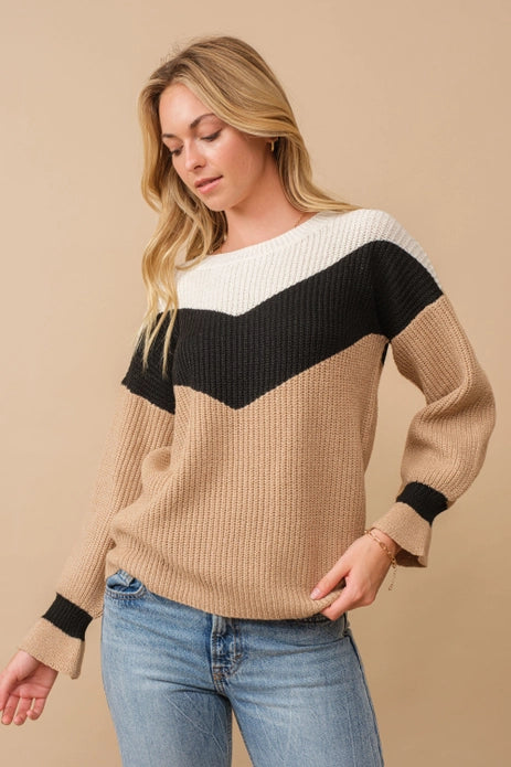ALL SIZES-Chevron Colorblock Ribbed Knit Sweater w/cuff detail