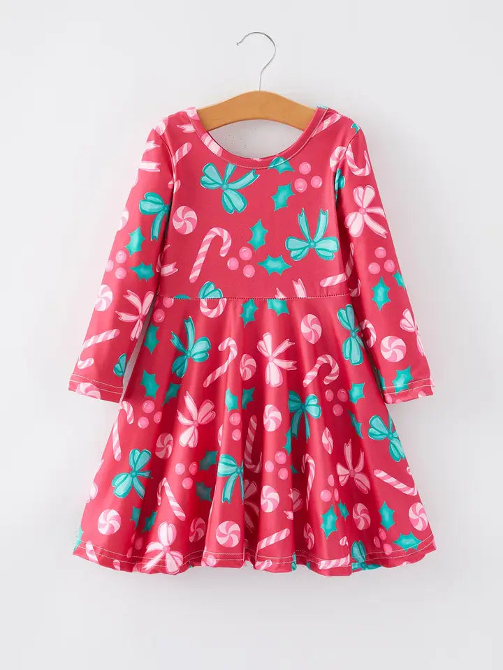 Red Christmas Candy Canes & Bows Twirl Dress