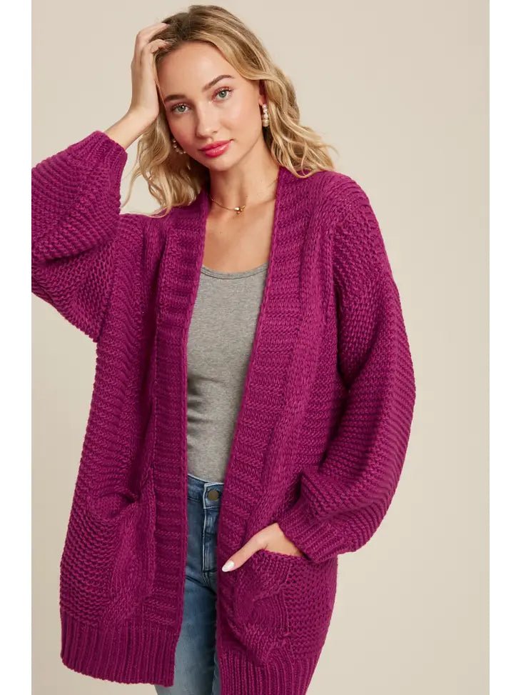 Chunky Cable Lantern Sleeve Cardigan- MULTIPLE COLORS
