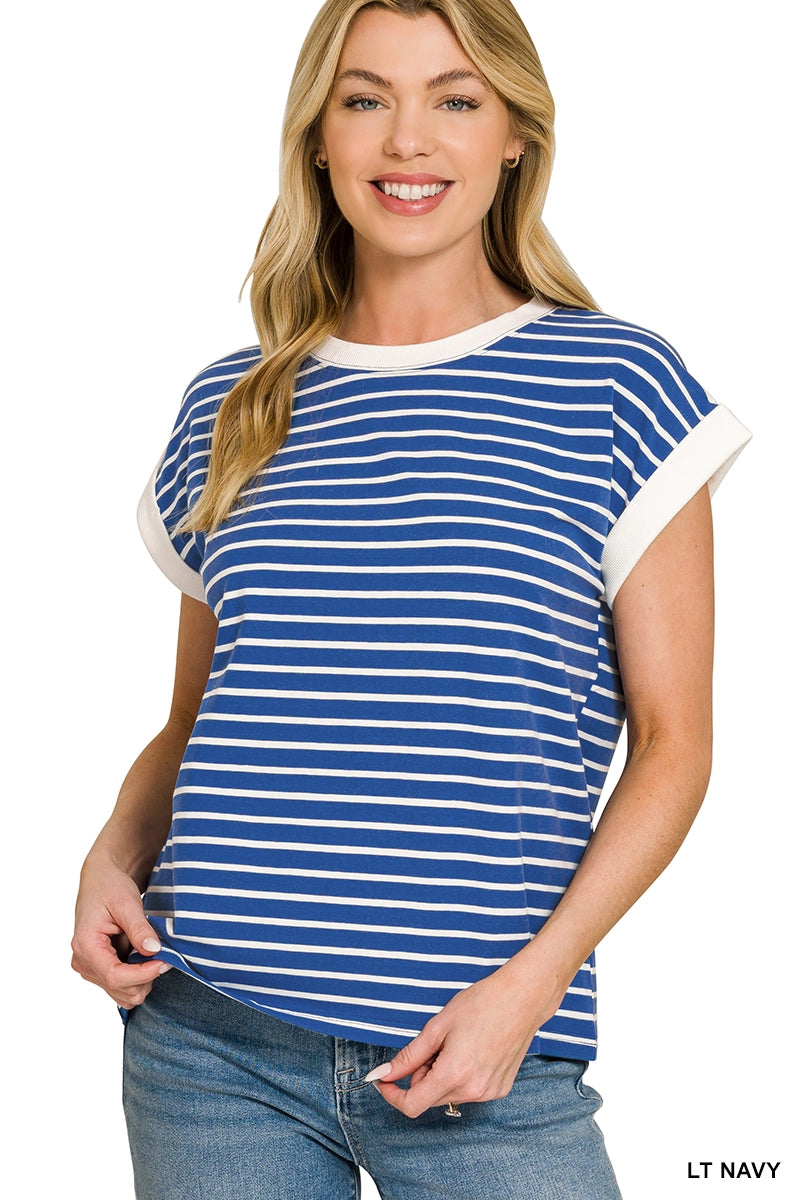Contrast Trim Cap Sleeve Stripe Tee | BLUE