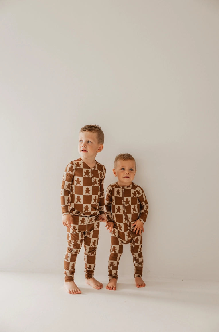Forever French Baby: Gingerbread Checkerboard Bamboo Zippy Romper