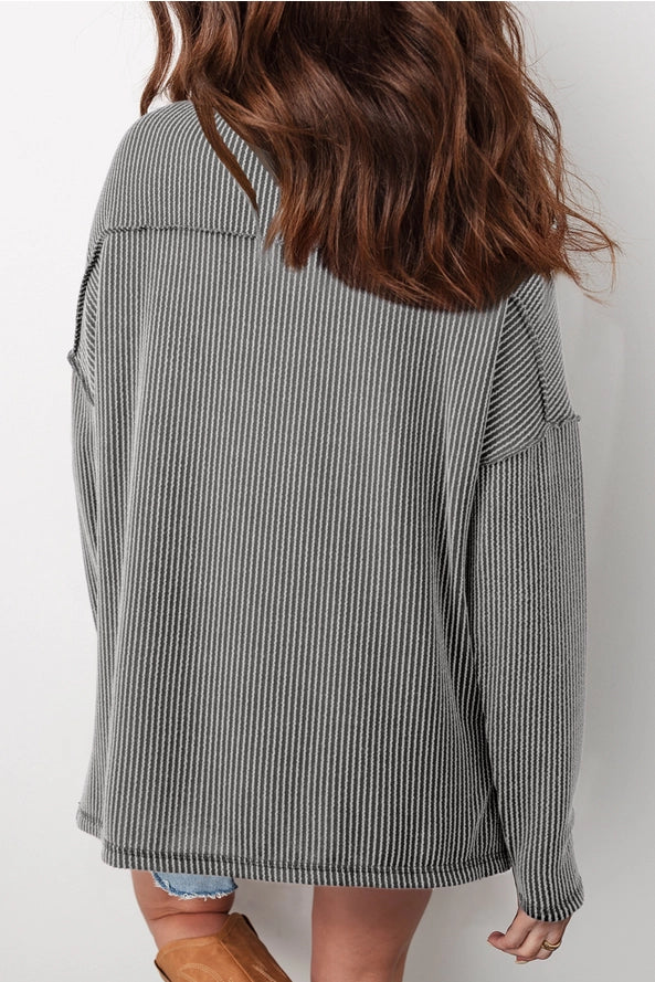 Women's Solid Ribbed Long Sleeve Loose Fit Top- Green Bay Color