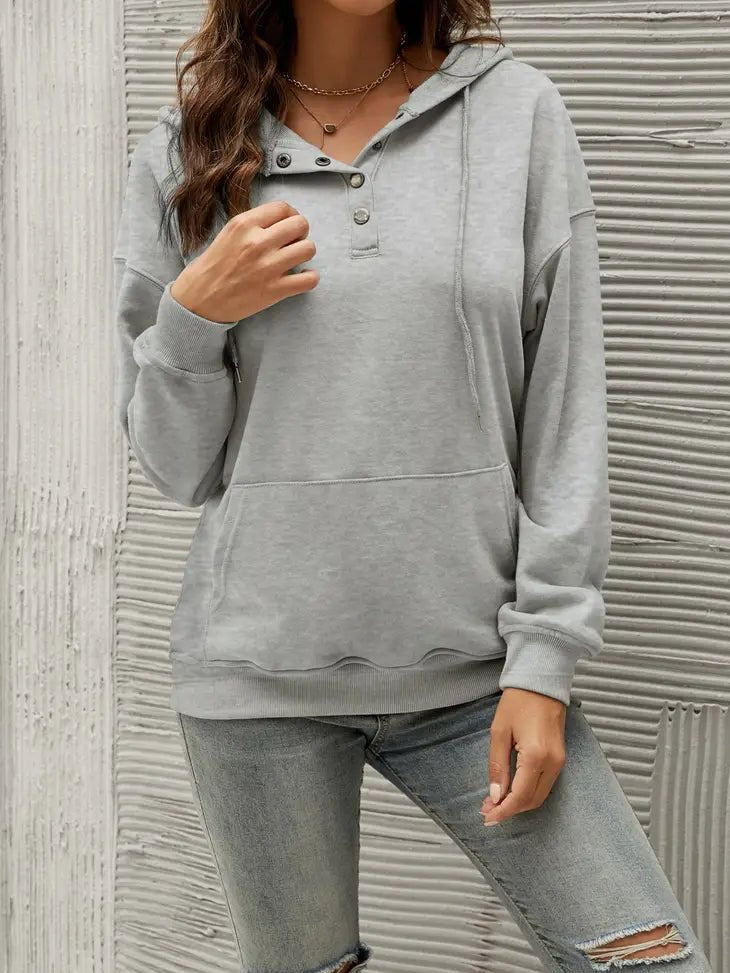 Women's Button Down drawstring pullover hoodie- Grey (MULTIPLE COLORS)