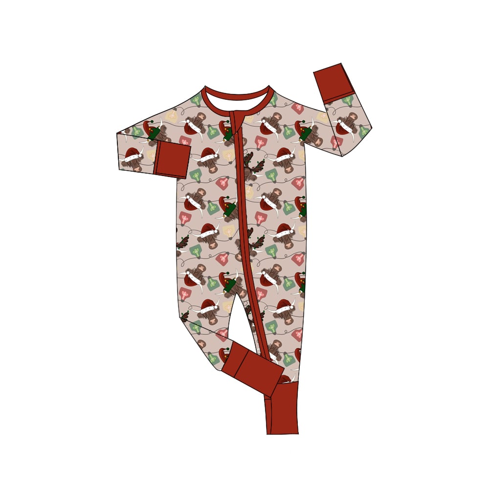 Fashion Minis: Christmas Highland Cow Print Zipper Romper