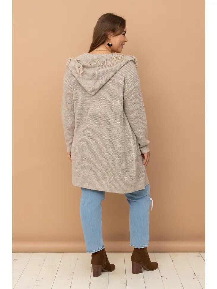 ALL SIZES- Hooded Fringe Knit Open Cardigan