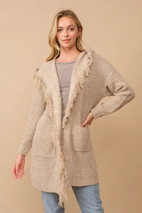 ALL SIZES- Hooded Fringe Knit Open Cardigan