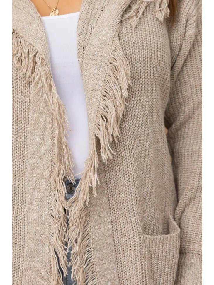 ALL SIZES- Hooded Fringe Knit Open Cardigan
