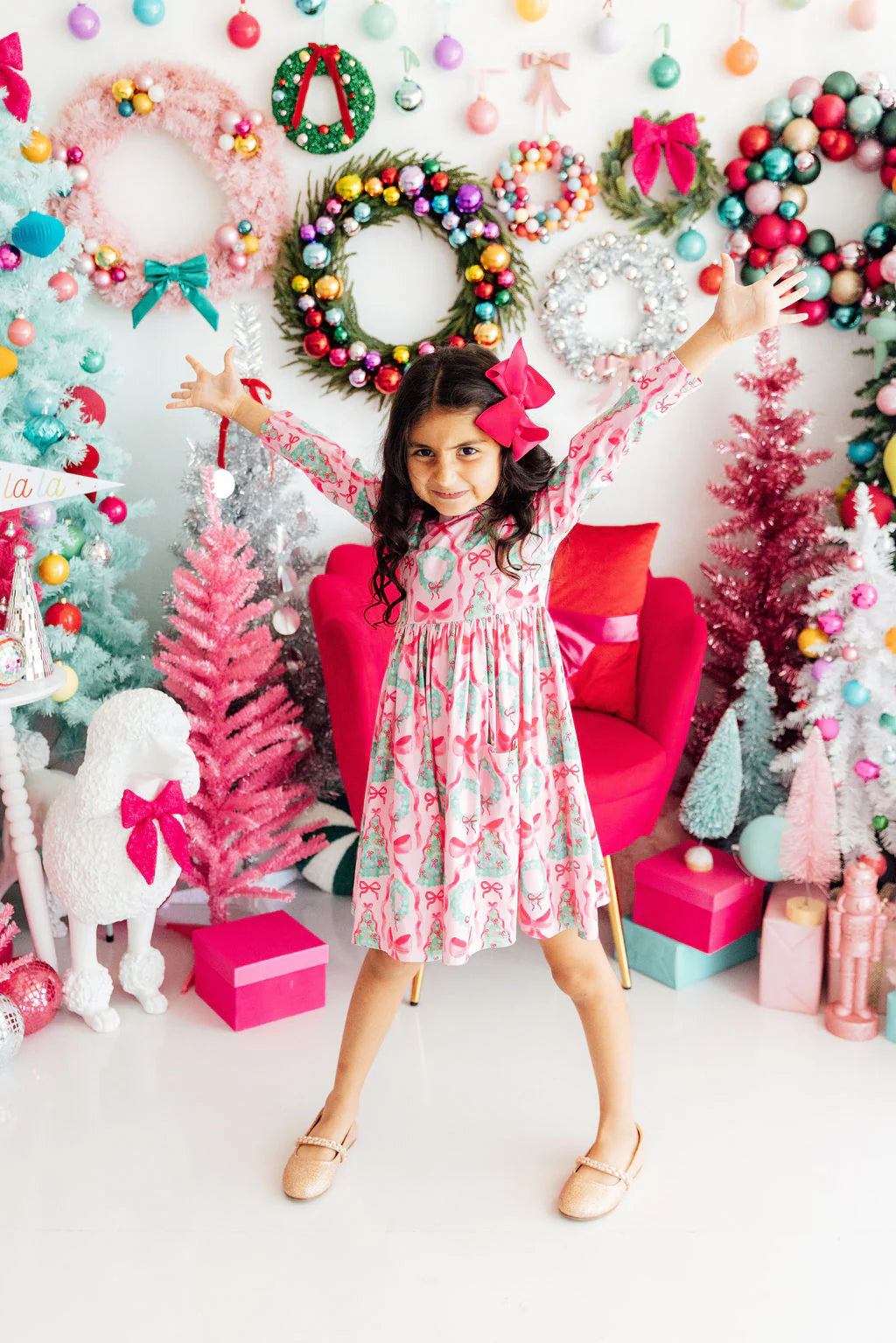 Mila & Rose: Jingle Bows Long Sleeve Pocket Twirl Dress