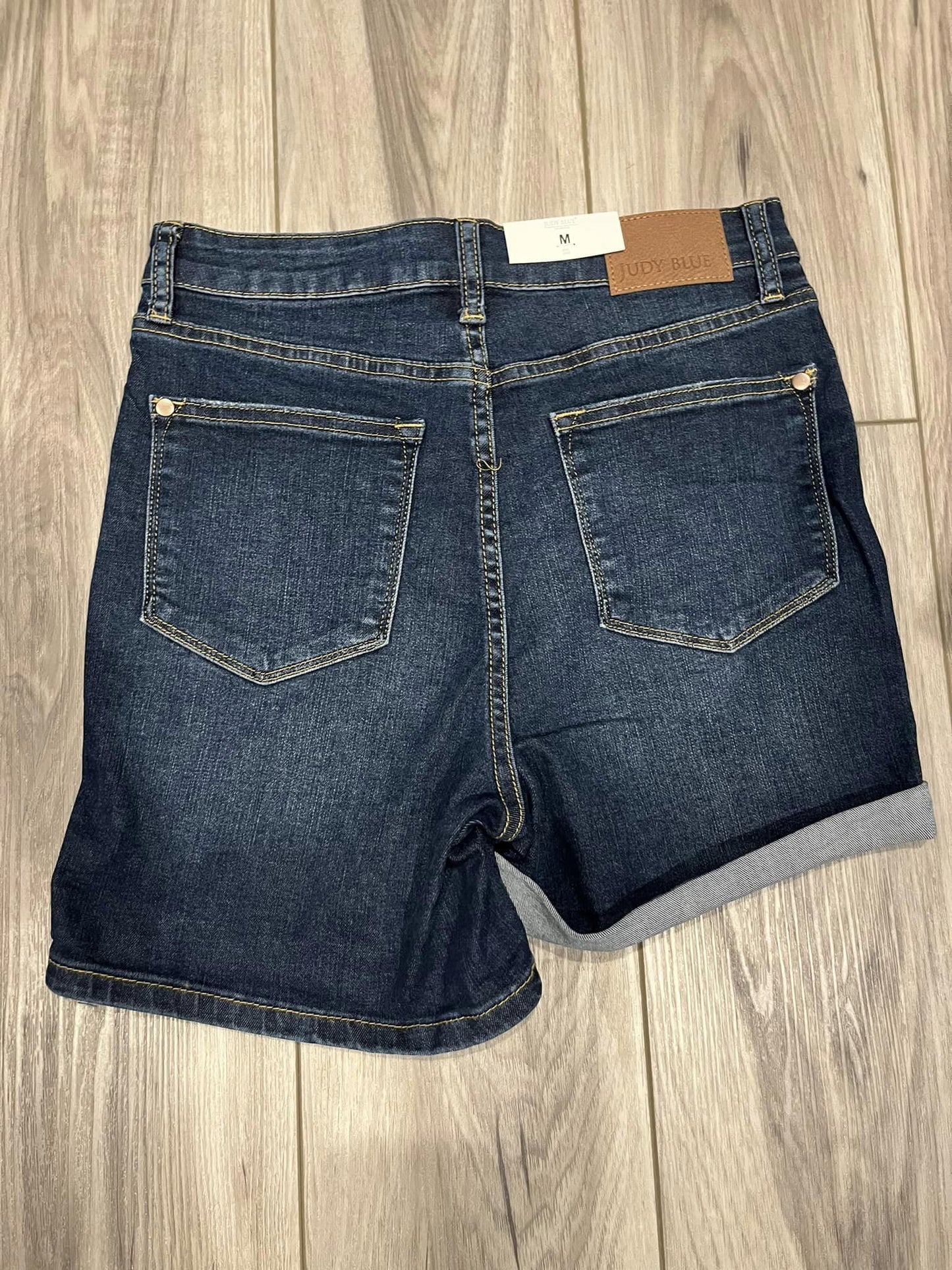 Judy Blue: High Waisted Tummy Control Dark Wash Shorts (cuff/no cuff shown)