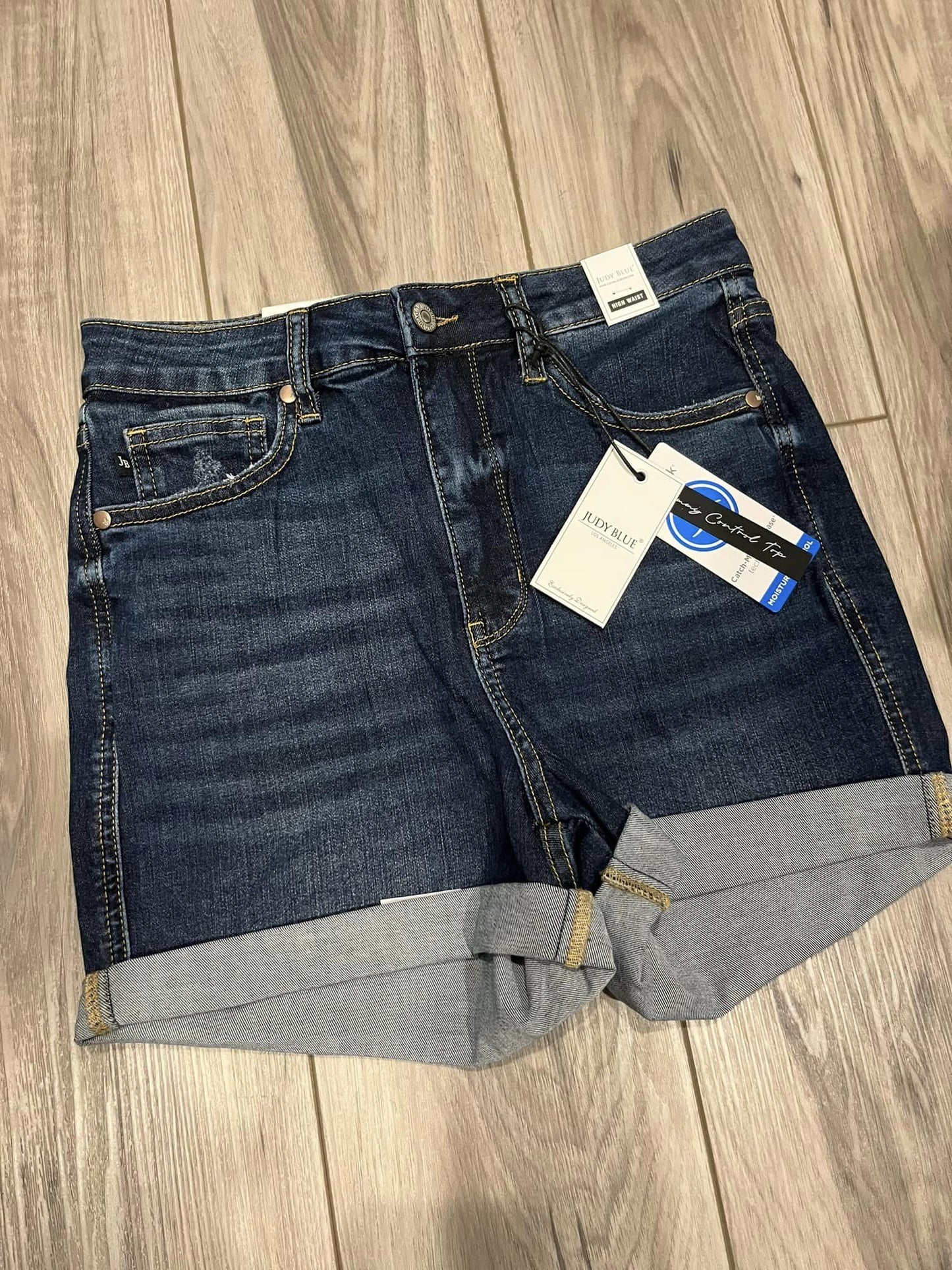 Judy Blue: High Waisted Tummy Control Dark Wash Shorts (cuff/no cuff shown)
