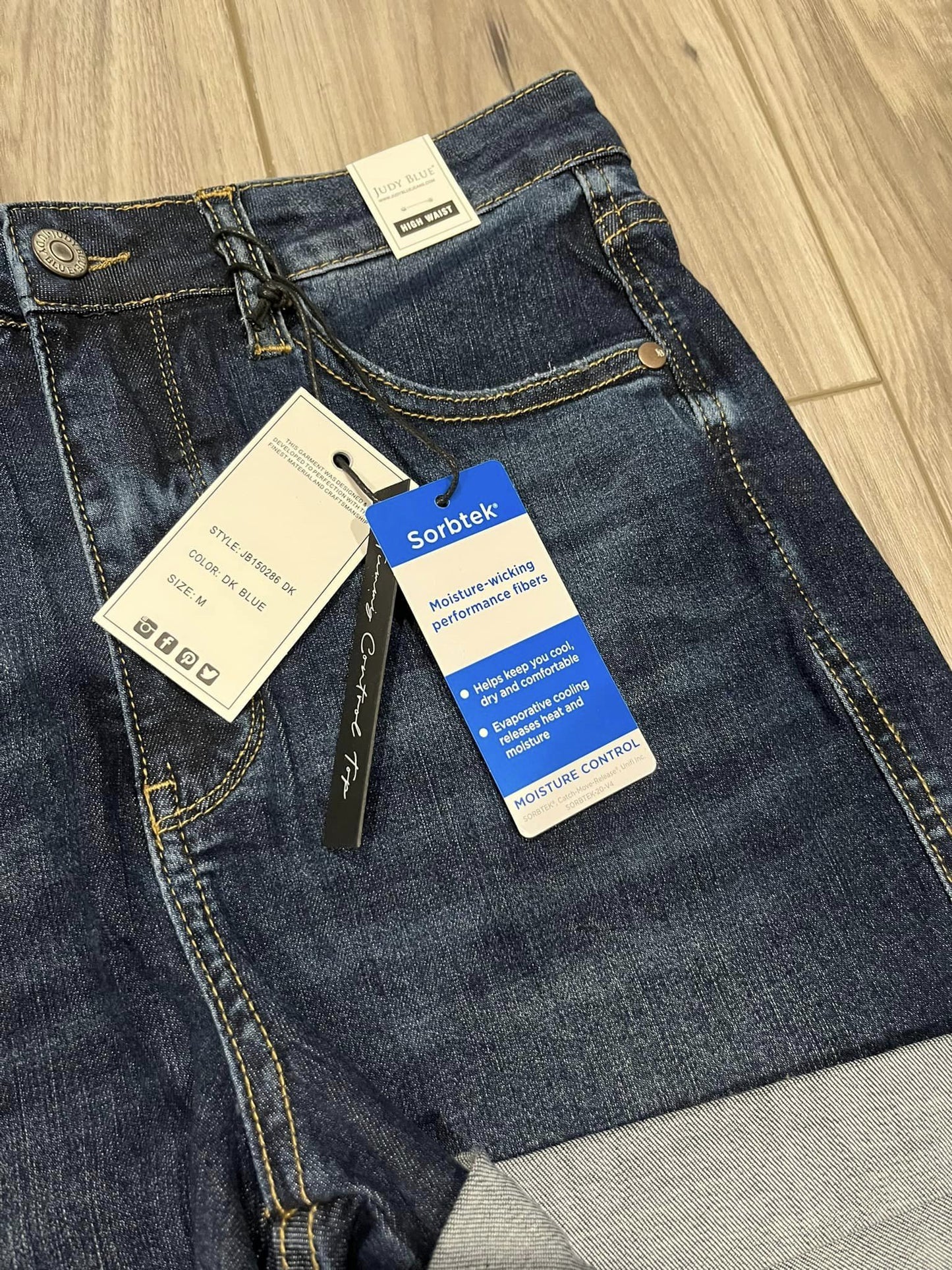 Judy Blue: High Waisted Tummy Control Dark Wash Shorts (cuff/no cuff shown)
