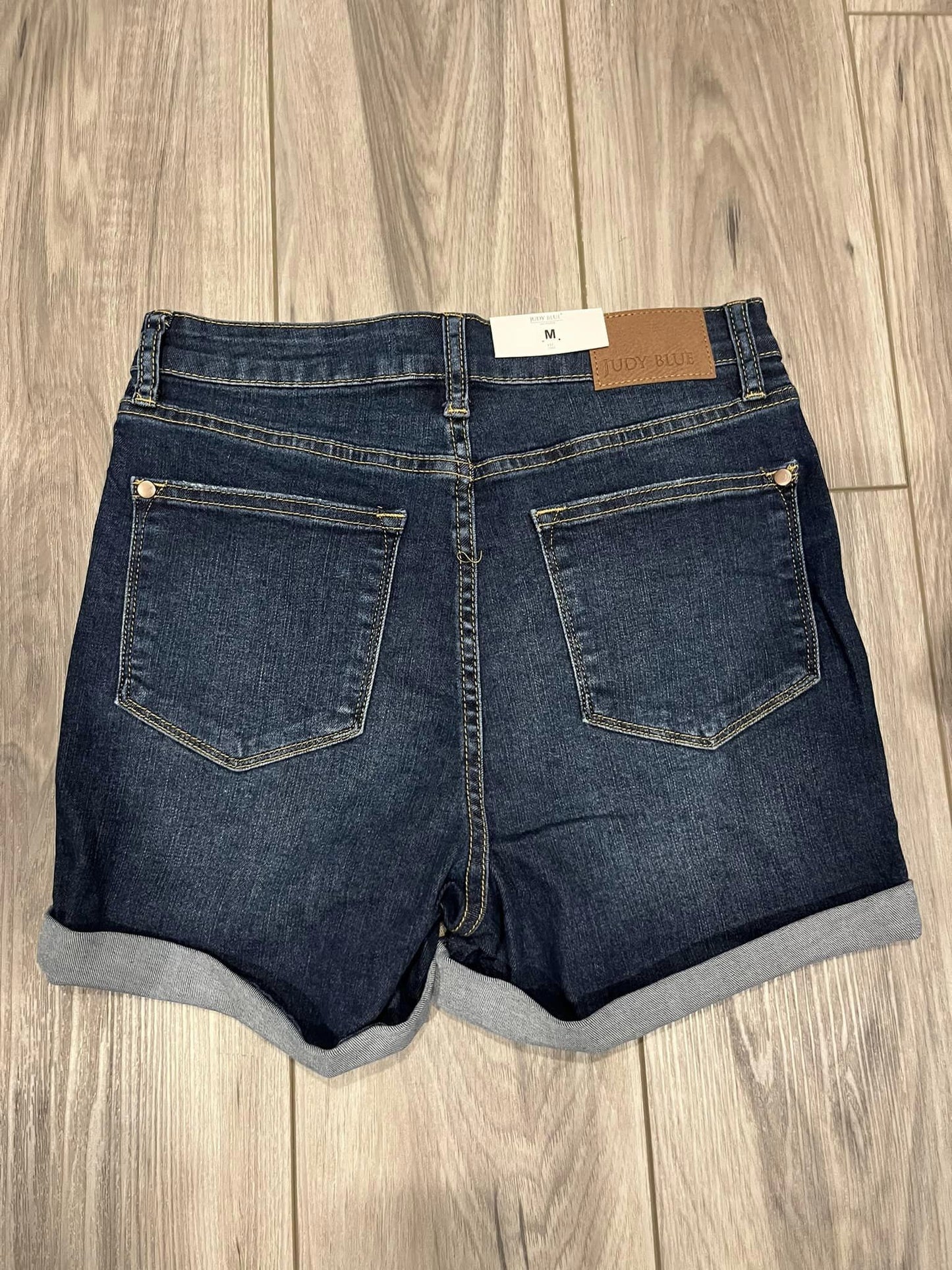 Judy Blue: High Waisted Tummy Control Dark Wash Shorts (cuff/no cuff shown)